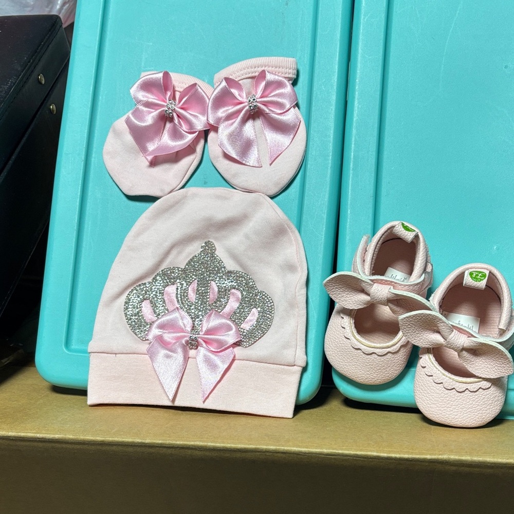Pink Baby Hat and Booties Set with Silver Crown